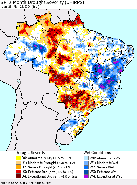 Brazil SPI 2-Month Drought Severity (CHIRPS) Thematic Map For 1/26/2024 - 3/25/2024