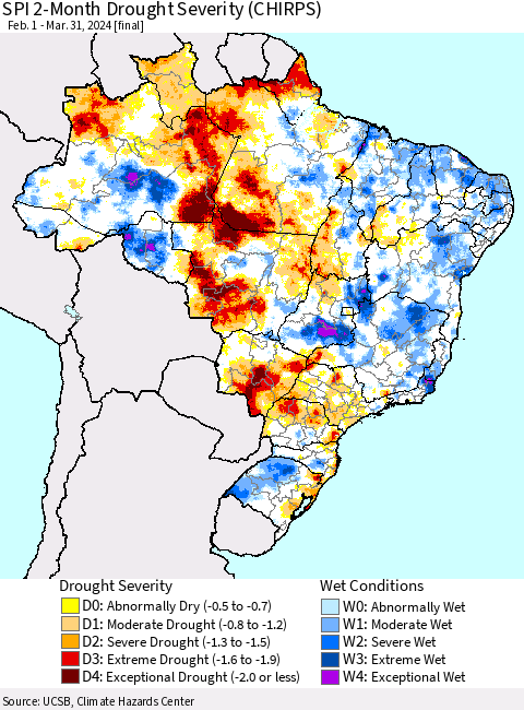 Brazil SPI 2-Month Drought Severity (CHIRPS) Thematic Map For 2/1/2024 - 3/31/2024