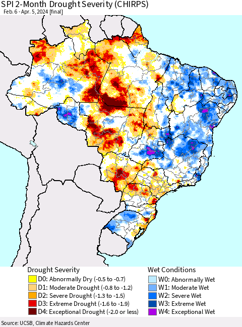 Brazil SPI 2-Month Drought Severity (CHIRPS) Thematic Map For 2/6/2024 - 4/5/2024