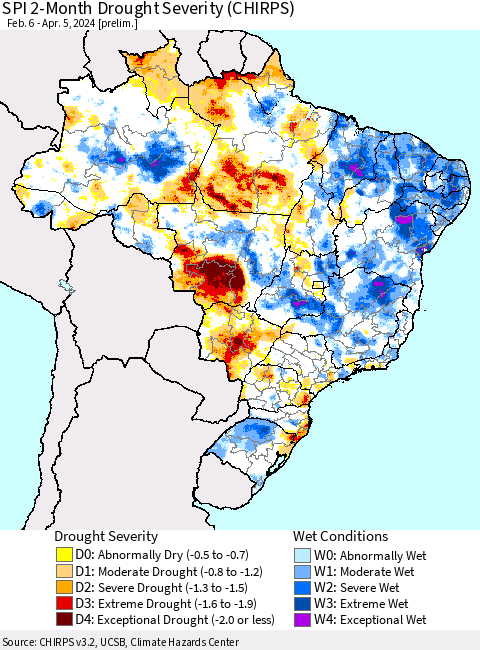 Brazil SPI 2-Month Drought Severity (CHIRPS) Thematic Map For 2/6/2024 - 4/5/2024