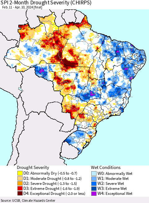 Brazil SPI 2-Month Drought Severity (CHIRPS) Thematic Map For 2/11/2024 - 4/10/2024