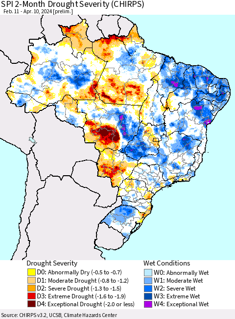 Brazil SPI 2-Month Drought Severity (CHIRPS) Thematic Map For 2/11/2024 - 4/10/2024