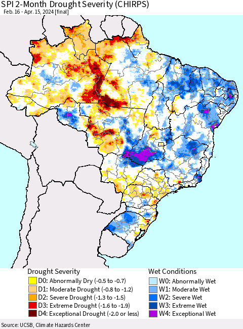 Brazil SPI 2-Month Drought Severity (CHIRPS) Thematic Map For 2/16/2024 - 4/15/2024