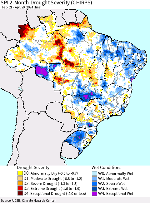 Brazil SPI 2-Month Drought Severity (CHIRPS) Thematic Map For 2/21/2024 - 4/20/2024