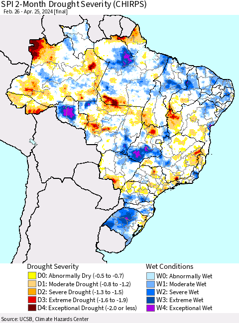 Brazil SPI 2-Month Drought Severity (CHIRPS) Thematic Map For 2/26/2024 - 4/25/2024
