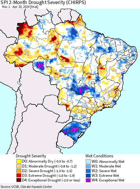 Brazil SPI 2-Month Drought Severity (CHIRPS) Thematic Map For 3/1/2024 - 4/30/2024