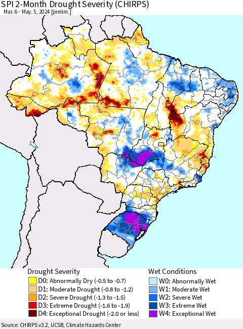 Brazil SPI 2-Month Drought Severity (CHIRPS) Thematic Map For 3/6/2024 - 5/5/2024