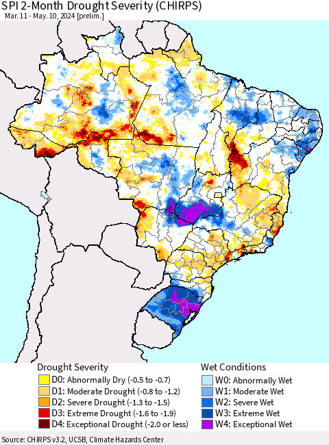 Brazil SPI 2-Month Drought Severity (CHIRPS) Thematic Map For 3/11/2024 - 5/10/2024