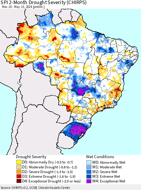 Brazil SPI 2-Month Drought Severity (CHIRPS) Thematic Map For 3/16/2024 - 5/15/2024