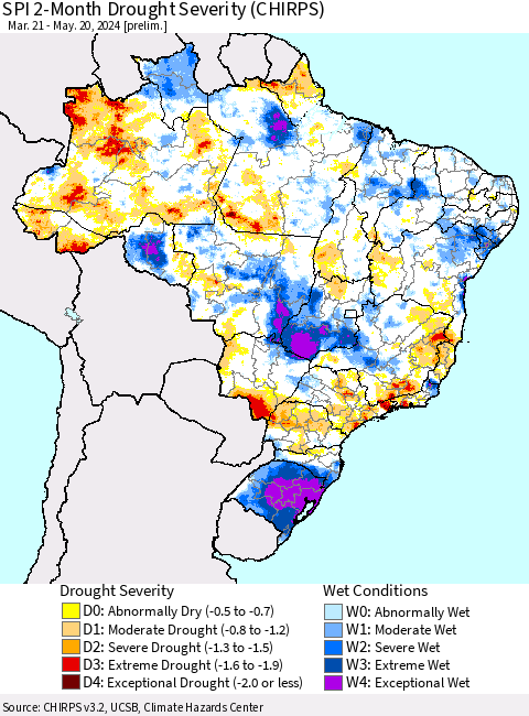 Brazil SPI 2-Month Drought Severity (CHIRPS) Thematic Map For 3/21/2024 - 5/20/2024