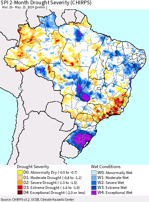 Brazil SPI 2-Month Drought Severity (CHIRPS) Thematic Map For 3/26/2024 - 5/25/2024