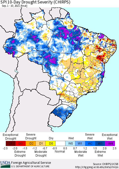 Brazil SPI 10-Day Drought Severity (CHIRPS) Thematic Map For 9/1/2021 - 9/10/2021