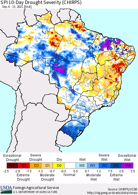 Brazil SPI 10-Day Drought Severity (CHIRPS) Thematic Map For 9/6/2021 - 9/15/2021