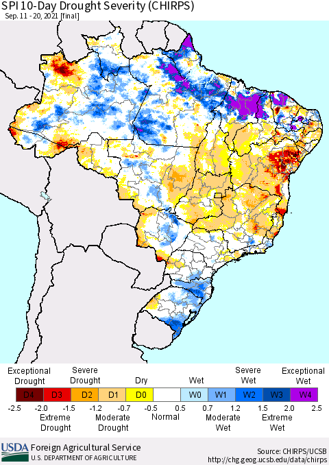 Brazil SPI 10-Day Drought Severity (CHIRPS) Thematic Map For 9/11/2021 - 9/20/2021