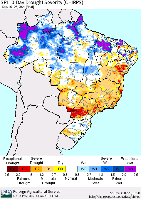 Brazil SPI 10-Day Drought Severity (CHIRPS) Thematic Map For 9/16/2021 - 9/25/2021