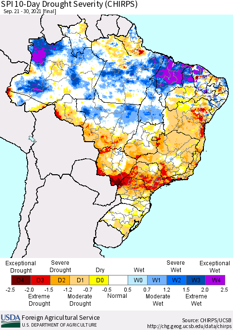 Brazil SPI 10-Day Drought Severity (CHIRPS) Thematic Map For 9/21/2021 - 9/30/2021