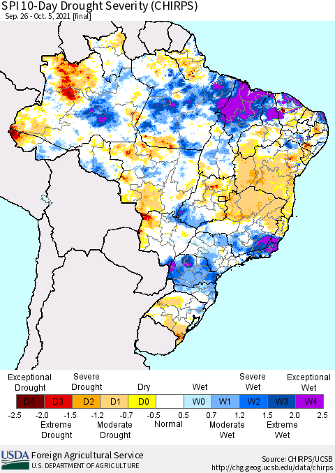 Brazil SPI 10-Day Drought Severity (CHIRPS) Thematic Map For 9/26/2021 - 10/5/2021
