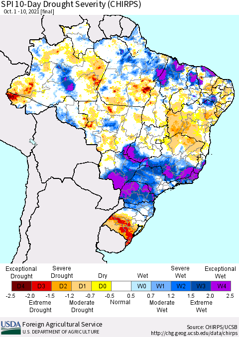 Brazil SPI 10-Day Drought Severity (CHIRPS) Thematic Map For 10/1/2021 - 10/10/2021