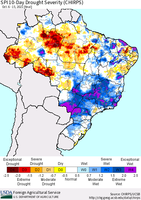 Brazil SPI 10-Day Drought Severity (CHIRPS) Thematic Map For 10/6/2021 - 10/15/2021