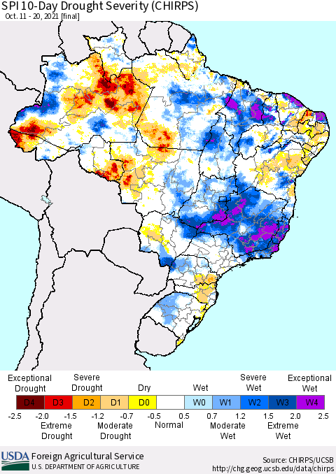 Brazil SPI 10-Day Drought Severity (CHIRPS) Thematic Map For 10/11/2021 - 10/20/2021