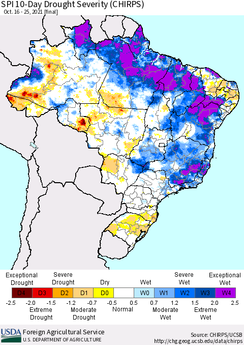 Brazil SPI 10-Day Drought Severity (CHIRPS) Thematic Map For 10/16/2021 - 10/25/2021