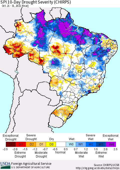 Brazil SPI 10-Day Drought Severity (CHIRPS) Thematic Map For 10/21/2021 - 10/31/2021