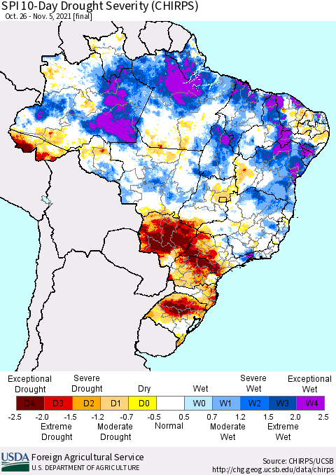 Brazil SPI 10-Day Drought Severity (CHIRPS) Thematic Map For 10/26/2021 - 11/5/2021