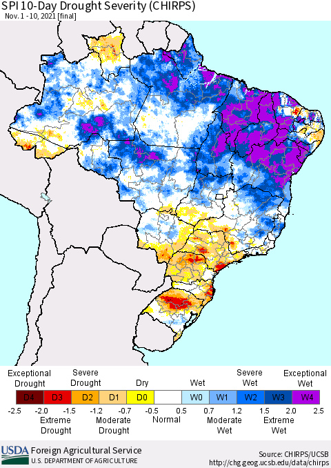 Brazil SPI 10-Day Drought Severity (CHIRPS) Thematic Map For 11/1/2021 - 11/10/2021