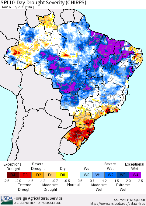 Brazil SPI 10-Day Drought Severity (CHIRPS) Thematic Map For 11/6/2021 - 11/15/2021