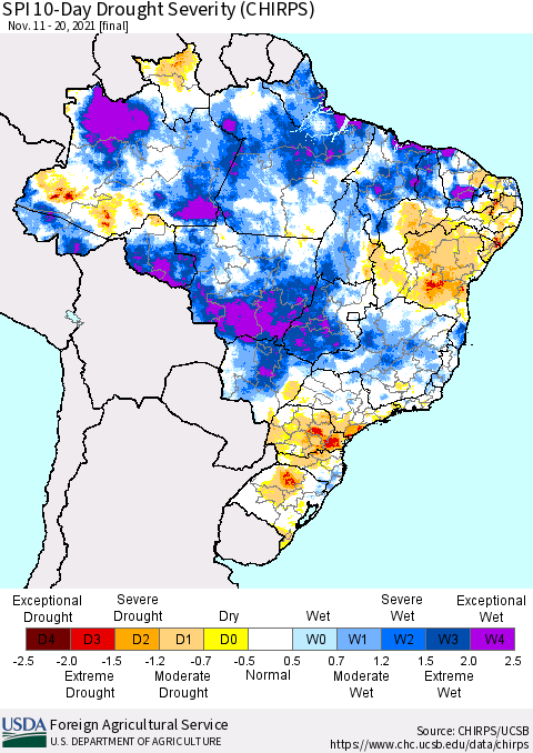 Brazil SPI 10-Day Drought Severity (CHIRPS) Thematic Map For 11/11/2021 - 11/20/2021