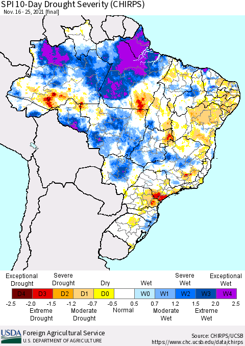 Brazil SPI 10-Day Drought Severity (CHIRPS) Thematic Map For 11/16/2021 - 11/25/2021