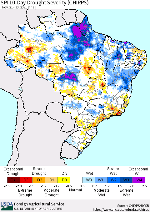 Brazil SPI 10-Day Drought Severity (CHIRPS) Thematic Map For 11/21/2021 - 11/30/2021