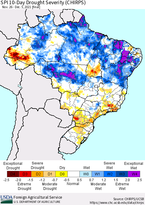 Brazil SPI 10-Day Drought Severity (CHIRPS) Thematic Map For 11/26/2021 - 12/5/2021