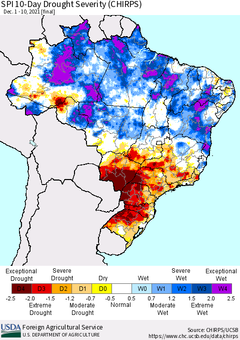 Brazil SPI 10-Day Drought Severity (CHIRPS) Thematic Map For 12/1/2021 - 12/10/2021