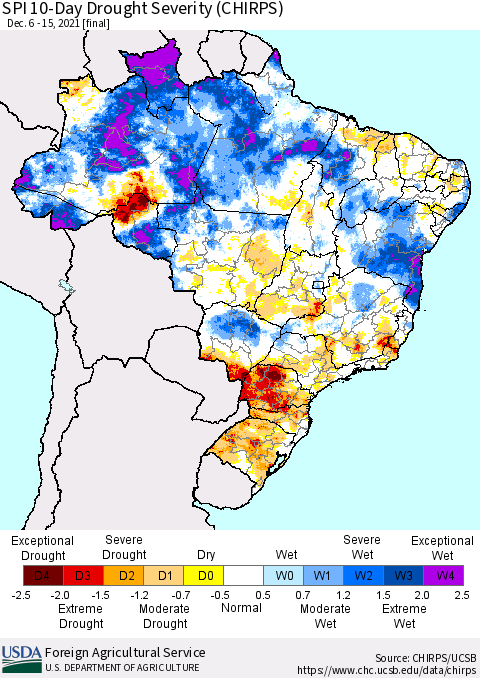 Brazil SPI 10-Day Drought Severity (CHIRPS) Thematic Map For 12/6/2021 - 12/15/2021