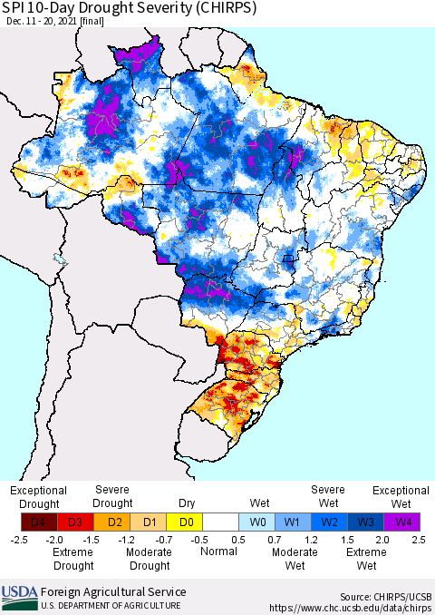 Brazil SPI 10-Day Drought Severity (CHIRPS) Thematic Map For 12/11/2021 - 12/20/2021