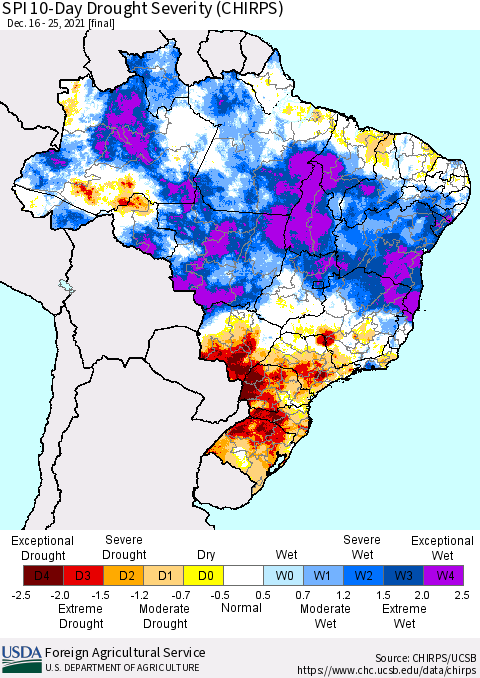 Brazil SPI 10-Day Drought Severity (CHIRPS) Thematic Map For 12/16/2021 - 12/25/2021