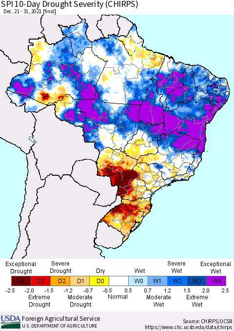 Brazil SPI 10-Day Drought Severity (CHIRPS) Thematic Map For 12/21/2021 - 12/31/2021