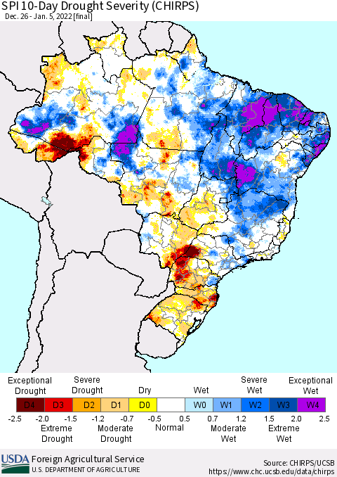 Brazil SPI 10-Day Drought Severity (CHIRPS) Thematic Map For 12/26/2021 - 1/5/2022