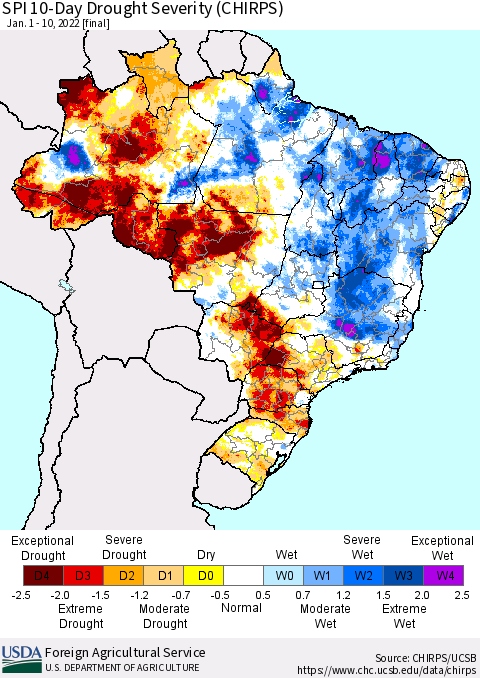 Brazil SPI 10-Day Drought Severity (CHIRPS) Thematic Map For 1/1/2022 - 1/10/2022