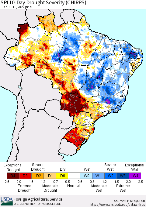Brazil SPI 10-Day Drought Severity (CHIRPS) Thematic Map For 1/6/2022 - 1/15/2022