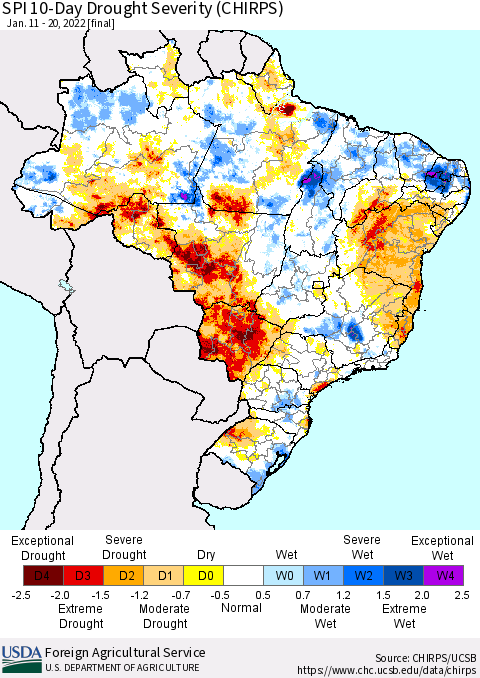 Brazil SPI 10-Day Drought Severity (CHIRPS) Thematic Map For 1/11/2022 - 1/20/2022