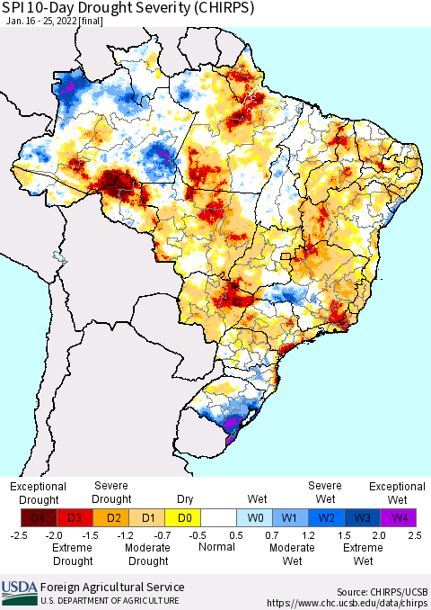 Brazil SPI 10-Day Drought Severity (CHIRPS) Thematic Map For 1/16/2022 - 1/25/2022