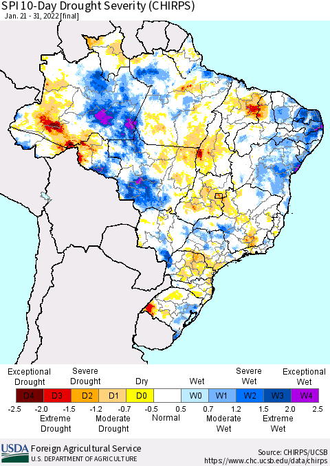 Brazil SPI 10-Day Drought Severity (CHIRPS) Thematic Map For 1/21/2022 - 1/31/2022