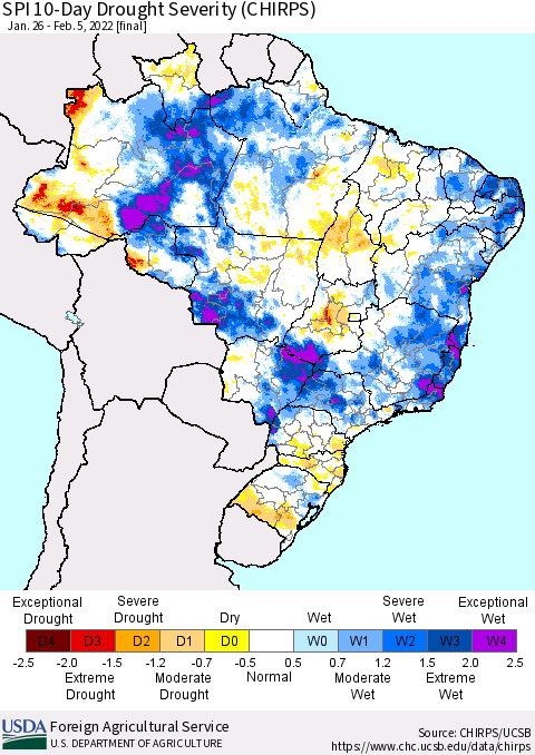 Brazil SPI 10-Day Drought Severity (CHIRPS) Thematic Map For 1/26/2022 - 2/5/2022