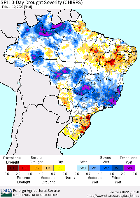 Brazil SPI 10-Day Drought Severity (CHIRPS) Thematic Map For 2/1/2022 - 2/10/2022