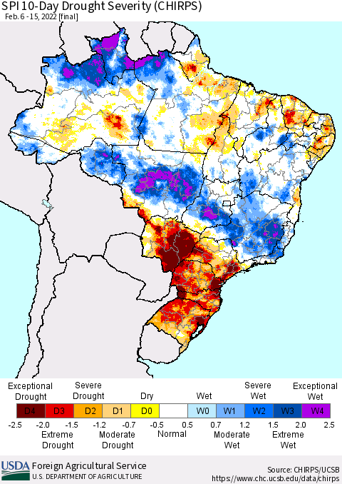 Brazil SPI 10-Day Drought Severity (CHIRPS) Thematic Map For 2/6/2022 - 2/15/2022