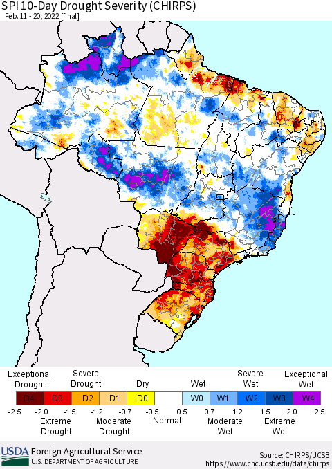 Brazil SPI 10-Day Drought Severity (CHIRPS) Thematic Map For 2/11/2022 - 2/20/2022