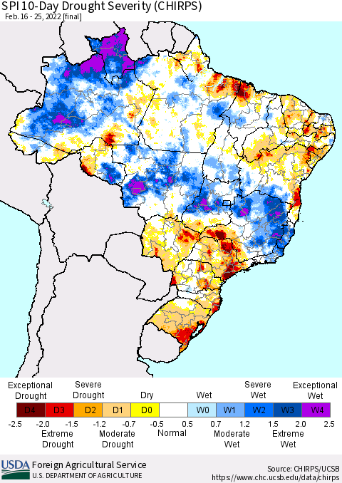 Brazil SPI 10-Day Drought Severity (CHIRPS) Thematic Map For 2/16/2022 - 2/25/2022