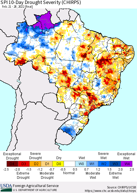 Brazil SPI 10-Day Drought Severity (CHIRPS) Thematic Map For 2/21/2022 - 2/28/2022